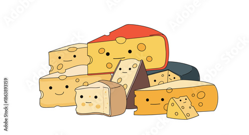 Fun collection of various cartoon cheese wedges including swiss and cheddar with cute smiling faces on a plain white background for kids.
