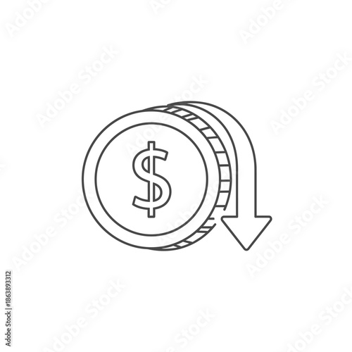 Financial Decline Concept Illustration of Decreasing Dollar Coin with Down Arrow