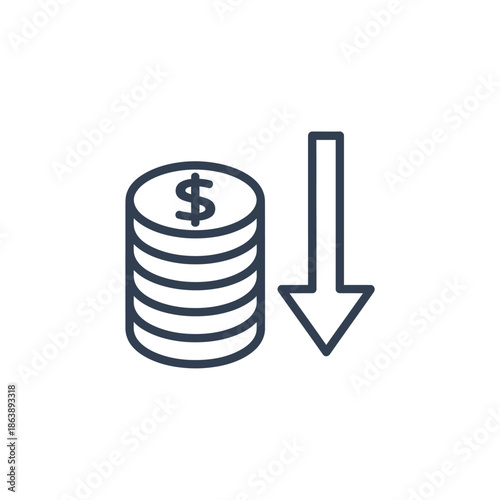 Financial Decline Concept with Coin Stack and Downward Arrow for Economic Drop