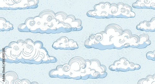 Whimsical seamless pattern of fluffy white clouds with blue outlines and swirls set against a light blue speckled background for child decor.