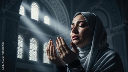 Woman Praying in Mosque, Tears of Sorrow and Hope, Dramatic Light Rays