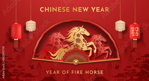 Chinese New Year 2026 Year of the Fire Horse Banner with Fan Decoration, Lanterns and Traditional Red Background. Lunar New Year Greeting Card Design