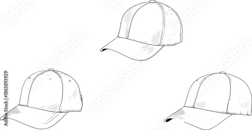 Baseball cap illustration, line art design, sports accessory drawing, headwear sketch, casual fashion, hat outline, simple style, vector graphic, apparel