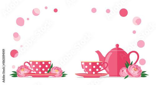 Charming tea set featuring pink polka dot cups a teapot and pink peony flowers is decorated with abstract pink circles.