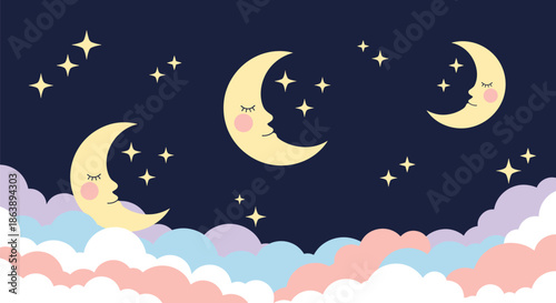 Dreamy night sky scene features sleeping crescent moons cute stars and colorful clouds in a soft pastel color palette.