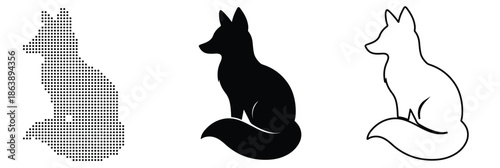 Three stylized fox icons in different artistic representations, from pixelated to silhouette to outline.