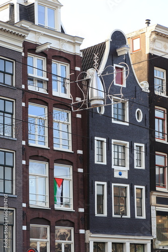 Amsterdam Rokin Historical House Facades with Palestinian Flag, Netherlands