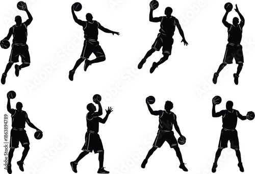 basketball, players, silhouette, action, sport, jump, dunk, ball, vector, black, cad, drawing, motion, athletic, illustration
