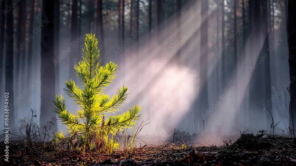Vibrant Young Pine Tree Bathed in Golden Sunlight in a Misty Enchanted ...