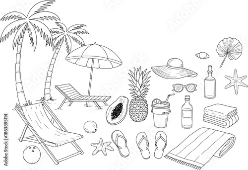 beach, tropical, vacation, palm, chairs, umbrella, sunhat, sunglasses, drink, pineapple, papaya, coconut, starfish, flipflops, towel, artwork