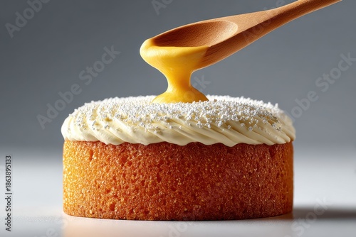 Decorating a delightful cake with a wooden spoon kitchen food photography culinary art