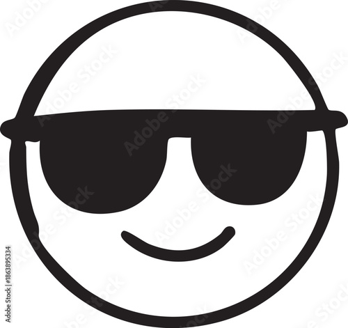 Hand-drawn smiley face wearing sunglasses a cool emoji icon for summer or vacation concepts isolated on white background