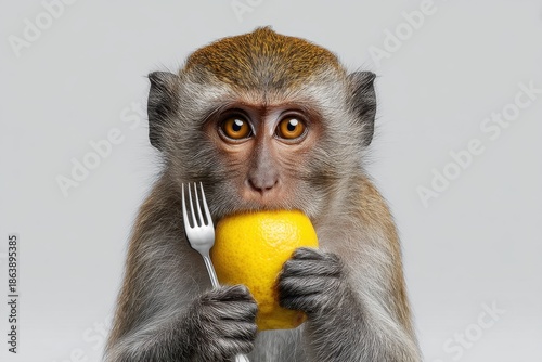 Monkey eating fruit with fork nature photography close-up playful setting