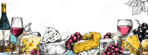 red wine and grapes with cheese vector illustration isolated on white background 