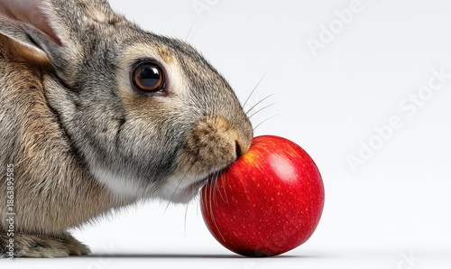 Curious rabbit sniffs red apple on isola nature scene close-up whimsical view