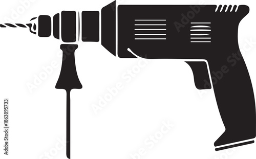 Black and white of a power drill with a drill bit attached