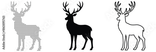 Majestic stag in silhouette, outline, and grayscale representations