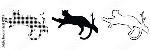 Stylized feline silhouette perched on a branch, presented in three distinct graphic styles