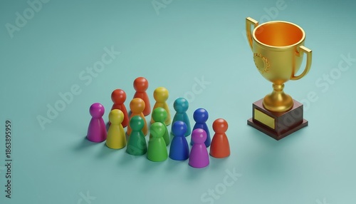 Achieving success through teamwork: diverse colorful figures striving for a golden trophy on a minimalist blue background.