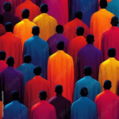 Dynamic gathering of people in colorful garments urban setting artistic visualization