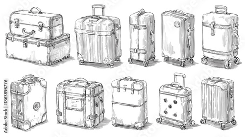 hand drawn vector illustration of travel bags suitcases