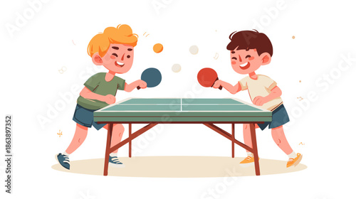 two boys playing ping pong table tennis vector illustration isolated on white background 