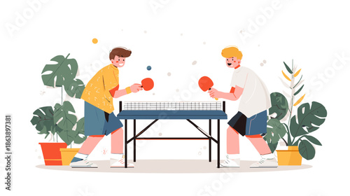 two boys playing ping pong table tennis vector illustration isolated on white background 