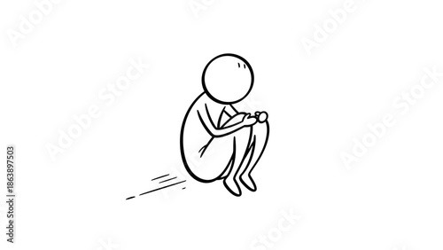 Sad Stick Figure Man Huddled and Isolated in a Depressed Mood on an Isolated White Background