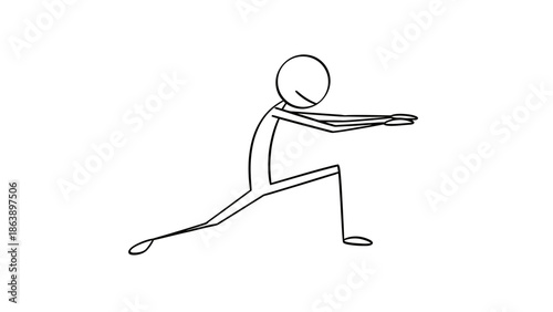 Focused Stick Figure Man Performing a Lunge Stretch or Yoga Pose on an Isolated White Background