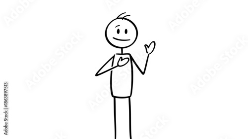 Friendly Stick Figure Man Waving and Greeting Politely with Hand on Chest on Isolated White Background