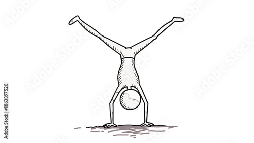 Strong Stick Figure Man Doing a Handstand Upside Down on an Isolated White Background