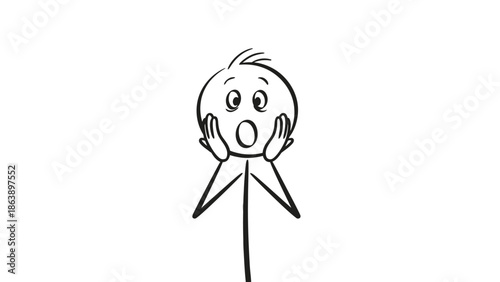 Shocked Cartoon Man Stick Figure Covering Mouth with Hands in Astonishment on Isolated White Background