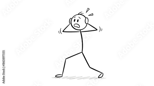 Panicked Cartoon Man Stick Figure Holding Head in Stress and Screaming on Isolated White Background