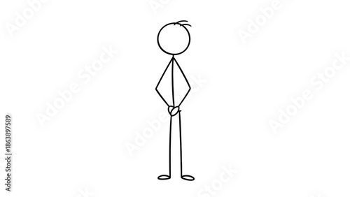 Pensive Cartoon Man Stick Figure Standing Patiently with Hands Clasped Behind Back on Isolated White Background