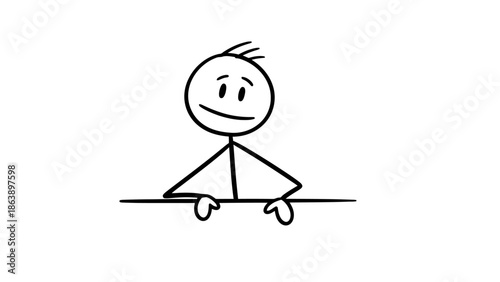Curious Cartoon Man Stick Figure Peeking Over a Line and Smiling Happily on Isolated White Background