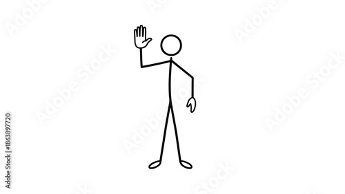 Friendly Stick Figure Man Waving Hand in Greeting or Farewell on an Isolated White Background