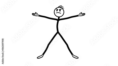 Stick Figure Expressing Anger and Frustration with Arms Wide Open on Isolated White Background
