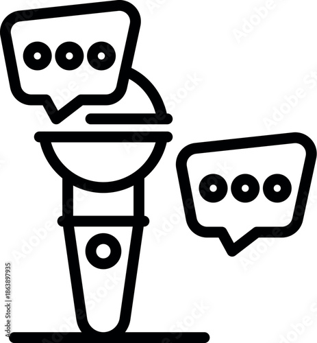 Microphone broadcasts important news update with speech bubbles displaying talking points, symbolizing communication and information sharing