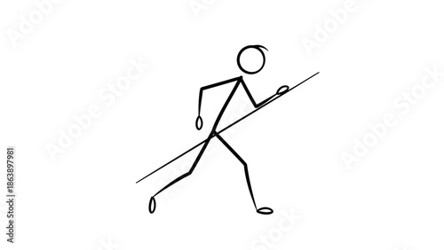 Stick Figure Cross-Country Skiing with a Pole, Energetic Winter Sport on Isolated White Background.