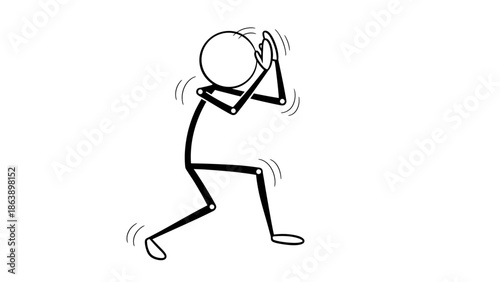 Stick Figure Person Crouching with Hands Over Head in Fear or Distress, Isolated White Background