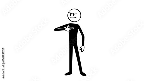 Proud Stick Figure Person Pointing to Self with Determined Expression, Isolated White Background