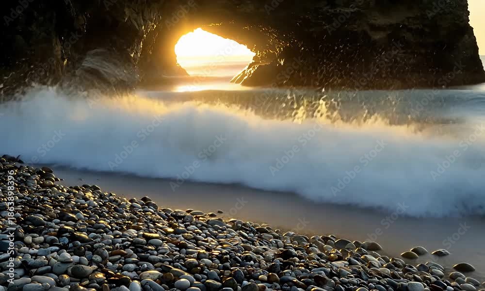 Golden Sunset Through Natural Rock Arch as Majestic Ocean Wave Crashes ...