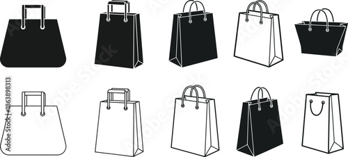 Set of holiday shopping bags silhouettes in various styles and sizes