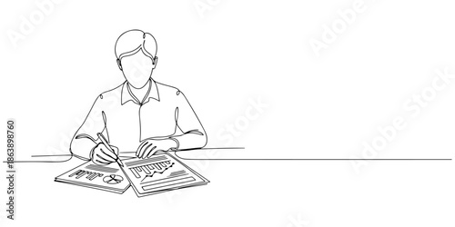 Continuous one line of a person setting financial goals, symbolizing future planning, drawn vector illustration.