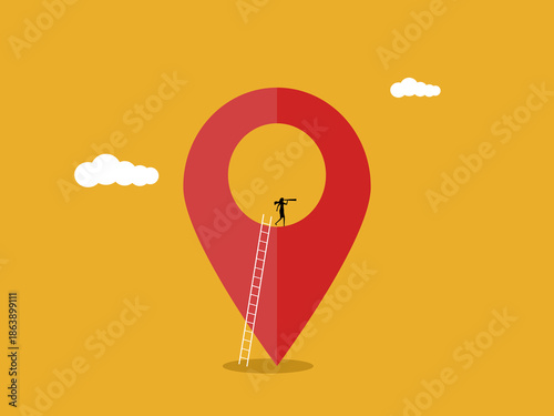 businesswoman uses binoculars to view a pinned location.