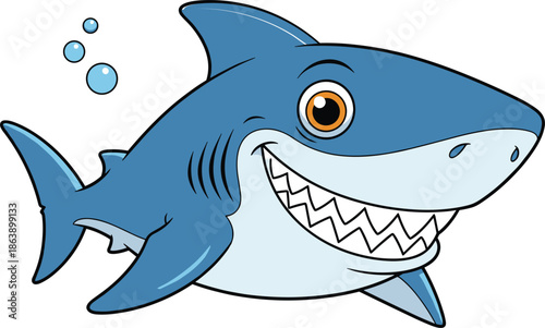 Smiling blue shark cartoon character vector illustration, friendly underwater sea animal mascot with sharp teeth and bubbles, isolated on white background.