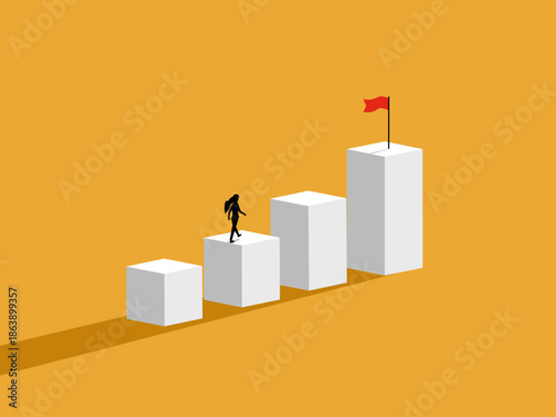 businesswoman is walking on a bar graph towards her target