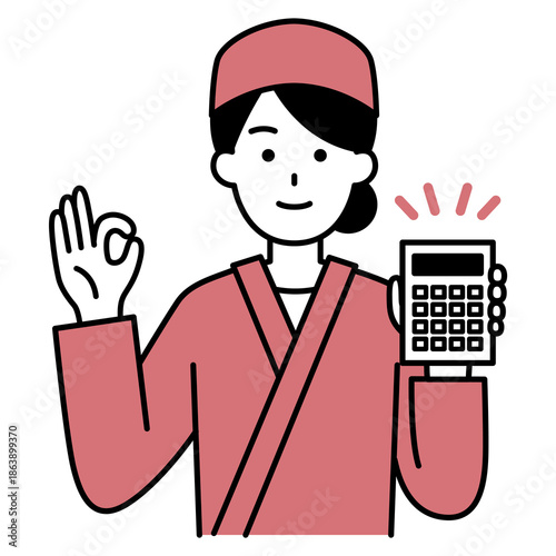 電卓を持ってOKサインをする居酒屋の女性店員