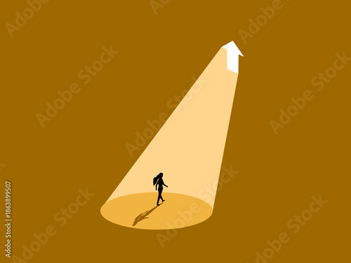 businesswoman walks along the bright path of opportunity for growth.