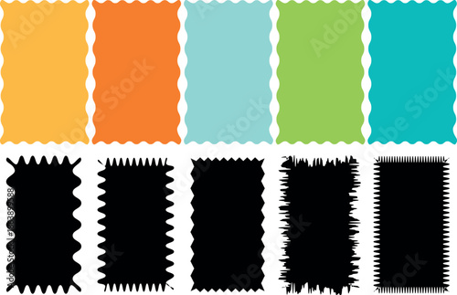 Colorful and Black Zigzag Edge Rectangle Frames Collection – Abstract Wavy, Jagged, and Curved Border Box Shapes in Modern Vector Style